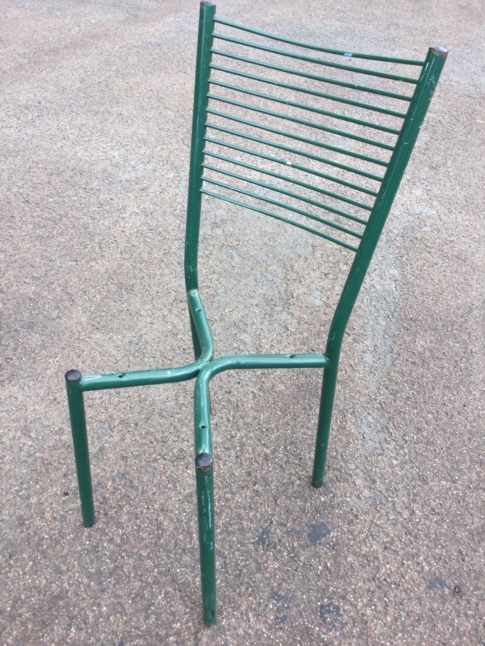 A set of four tubular metal chairs with tapering ribbed ladder backs - lacking seats. (4) - Image 3 of 3