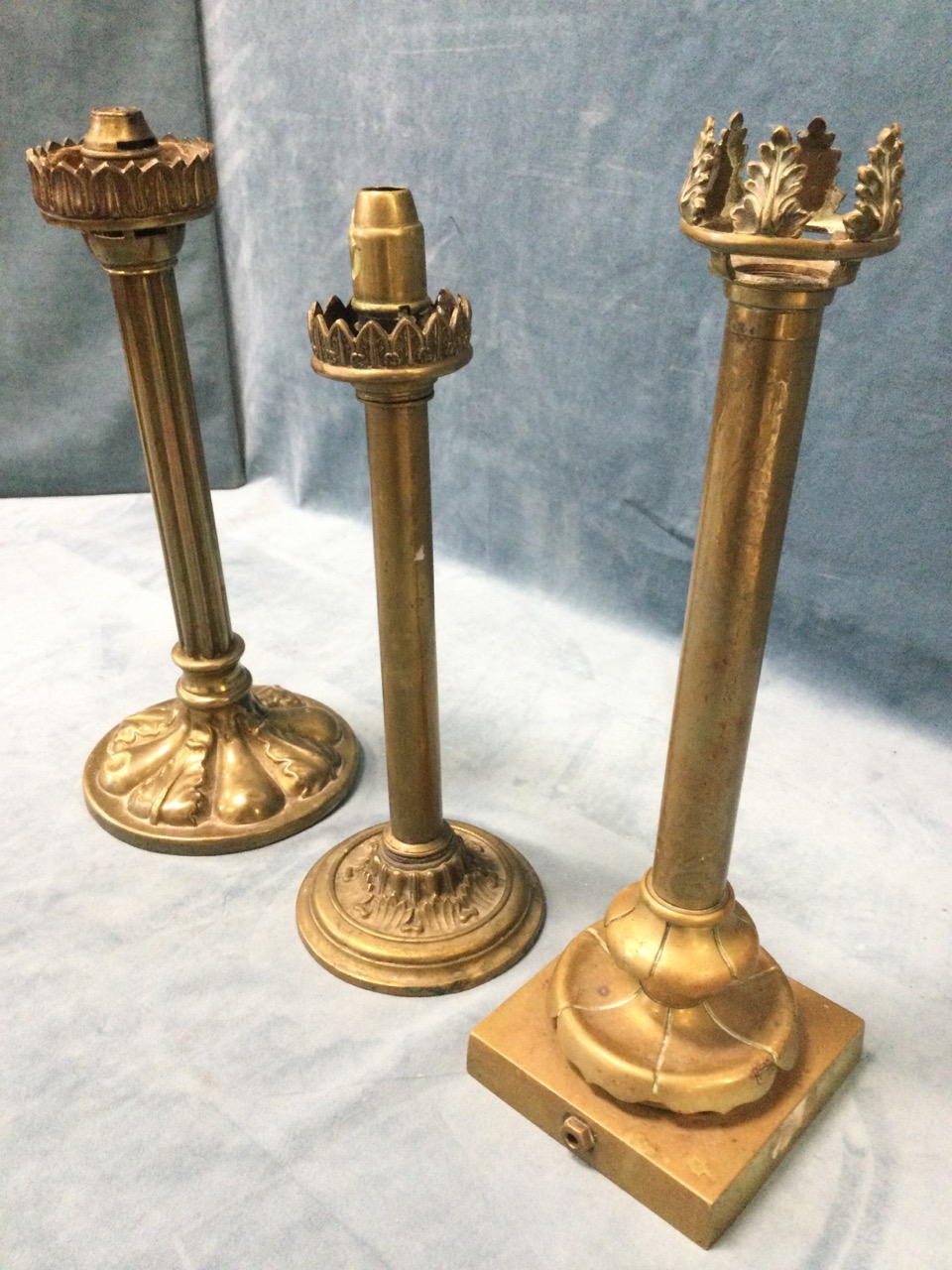 A Victorian brass candlelight with fluted column above a circular leaf cast weighted base, with - Image 2 of 3