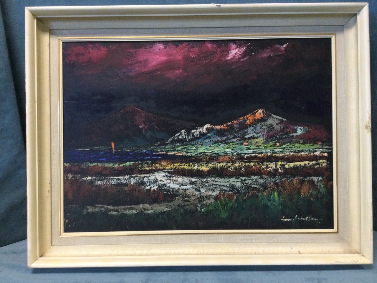 Schaeffer, 1960s oil on canvas, coastal landscape with sailing boat, signed indistinctly, labelled - Image 3 of 3