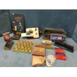 Miscellaneous childrens items including a box of Hornby dublo railtrack, a toy Vulcan sewing