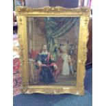 A large Victorian woolwork tapestry depicting an interior scene with seated King Charles with