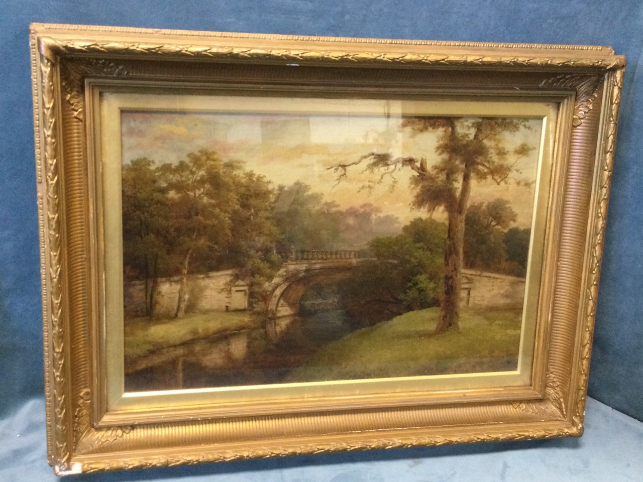 Nineteenth century English school, oil on canvas, balustraded stone bridge over river with trees, - Image 2 of 3