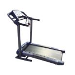 A York Fitness treadmill with angled running belt and electrical dashboard with timer, distance,