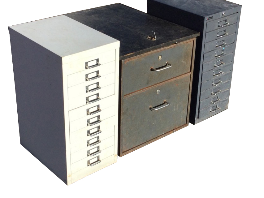 A Triumph metal cabinet, the ten drawers mounted with chromed label-holder tubular handles;