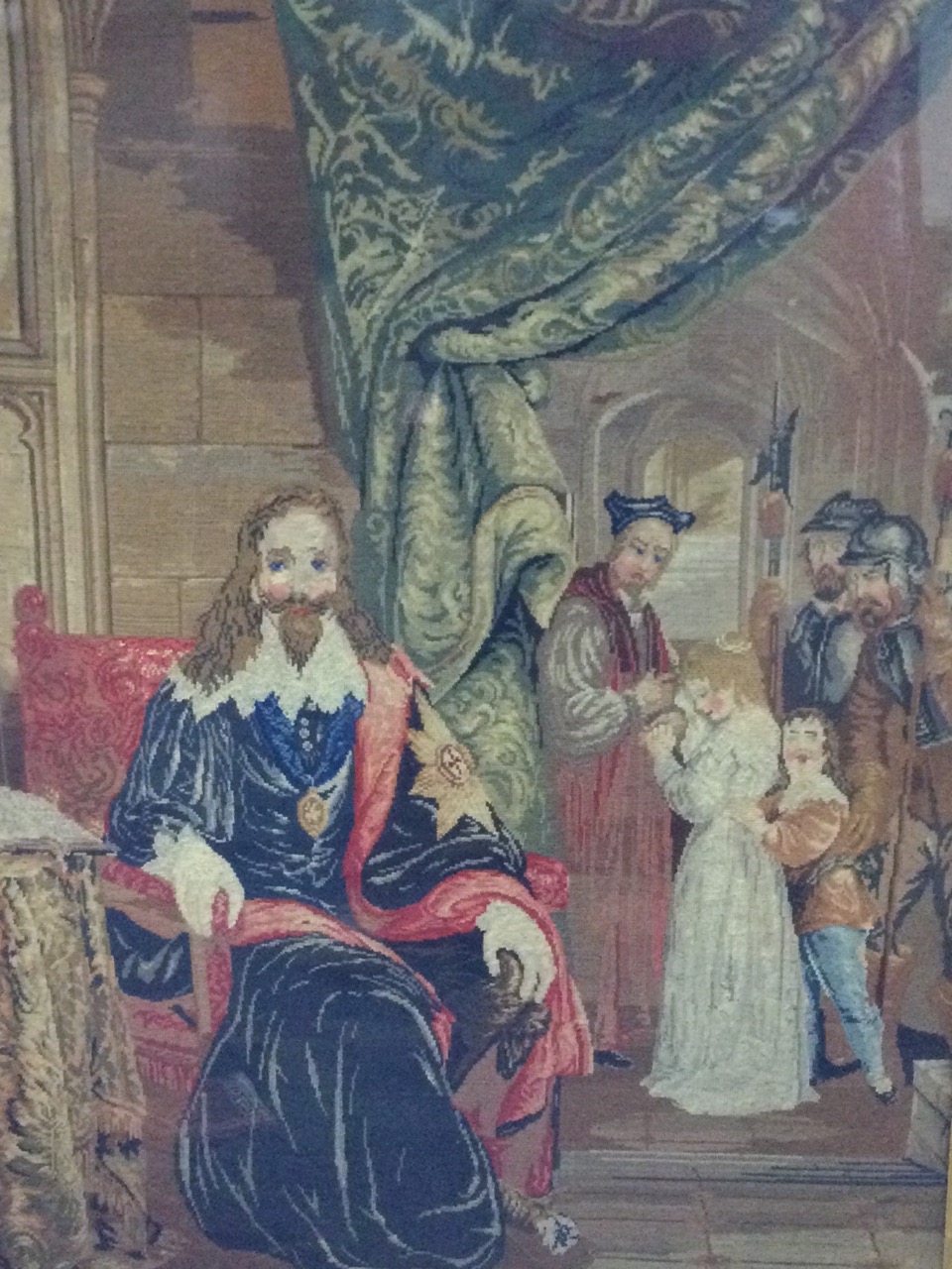 A large Victorian woolwork tapestry depicting an interior scene with seated King Charles with - Bild 2 aus 3