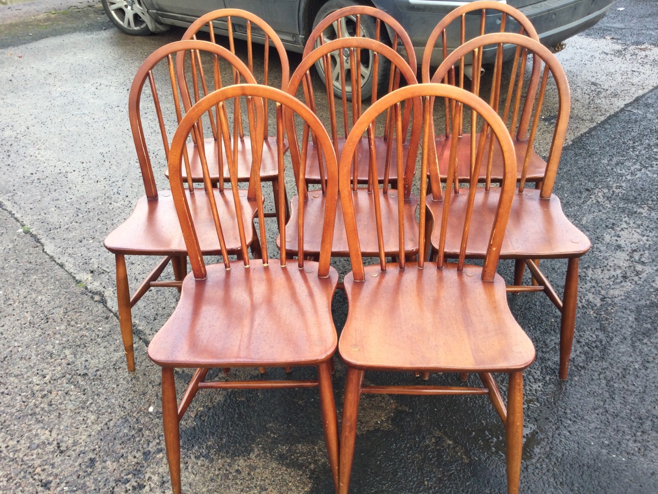 A set of eight 1960s hoop spindleback dining chairs, with shaped saddle seats raised on turned - Image 2 of 3