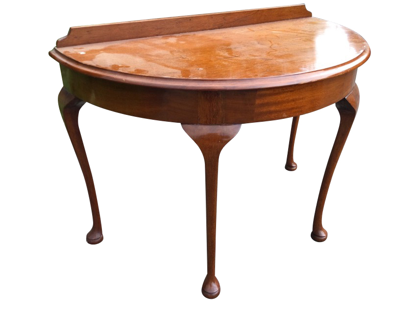 A D-shaped mahogany side table with moulded top above a plain apron, raised on cabriole legs with