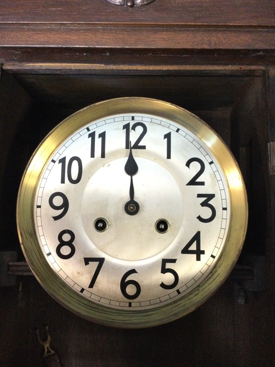 A 30s oak cased Vienna style wallclock with arched top above a moulded framed door, enclosing a - Image 2 of 3