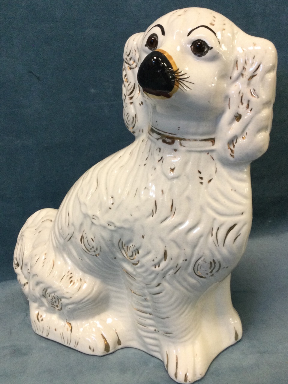 A pair of large late Victorian Staffordshire wally dogs with gilt decoration and collars, having - Image 3 of 3