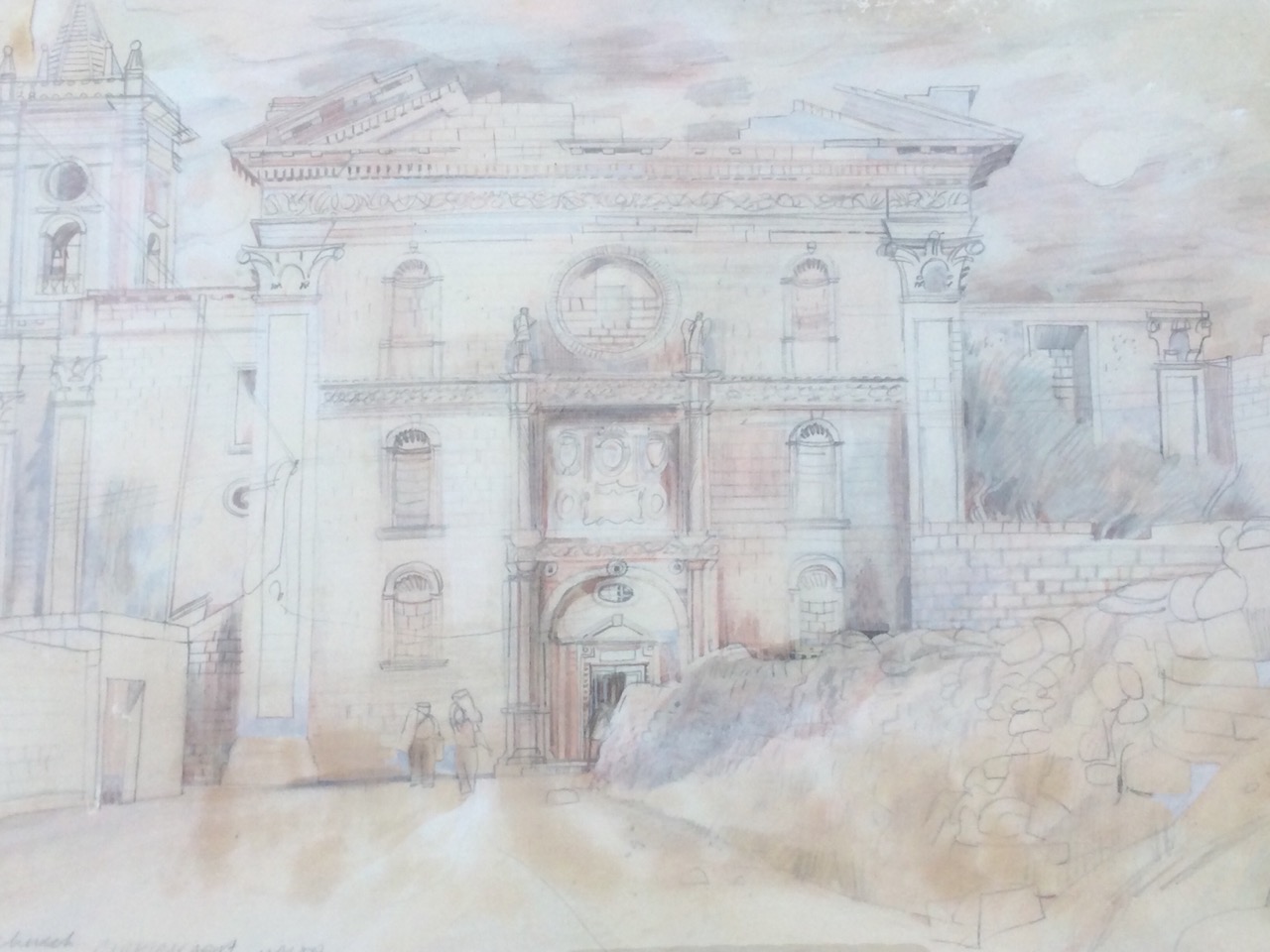 Richard Demarco, pencil & watercolours, architectural building scene with figures, titled Church - Image 3 of 3