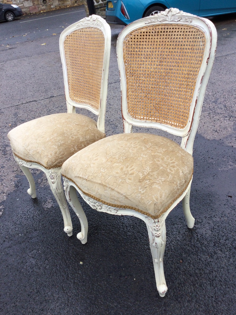 A pair of painted Louis VI style side chairs, the cane backs with floral carving above sprung - Image 3 of 3