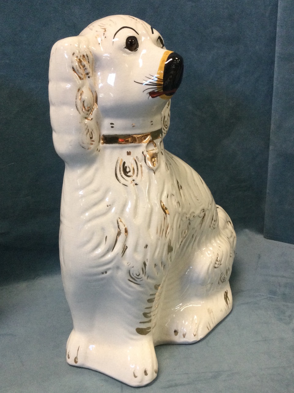 A pair of large late Victorian Staffordshire wally dogs with gilt decoration and collars, having - Image 2 of 3