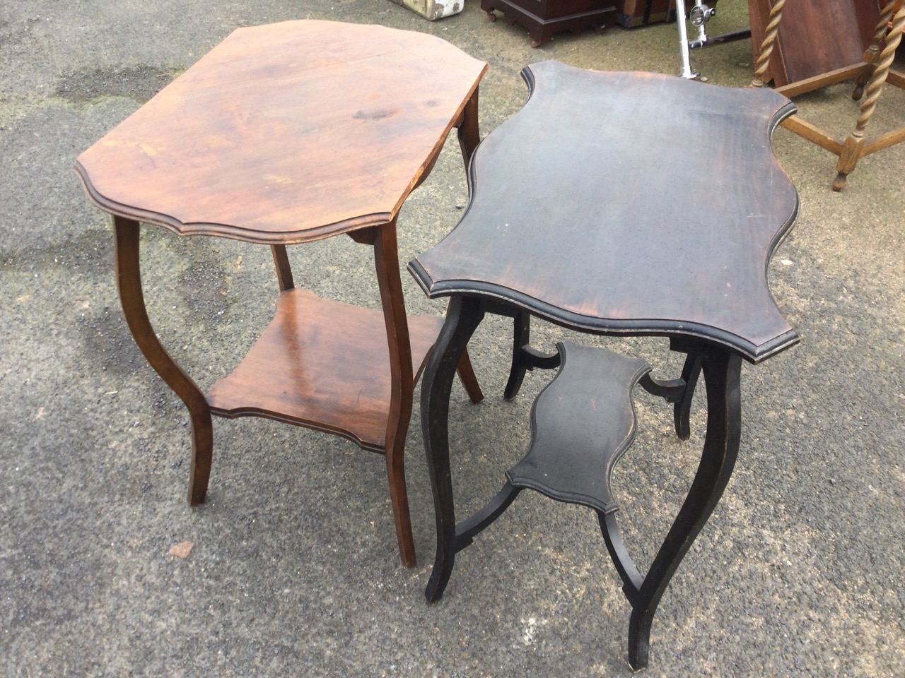 A rectangular late Victorian scalloped top occasional table raised on sabre legs joined by - Image 2 of 3