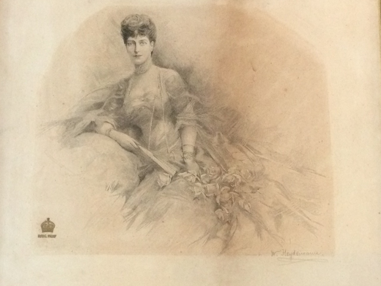 An Edwardian proof etching of Queen Alexandria by W Heydemann, the lady in repose with flowers, with - Image 3 of 3