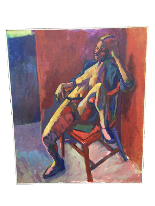 John Dohergy, oil on canvas, seated nude, signed to verso, Glasgow School of Art 1981, framed. (55.