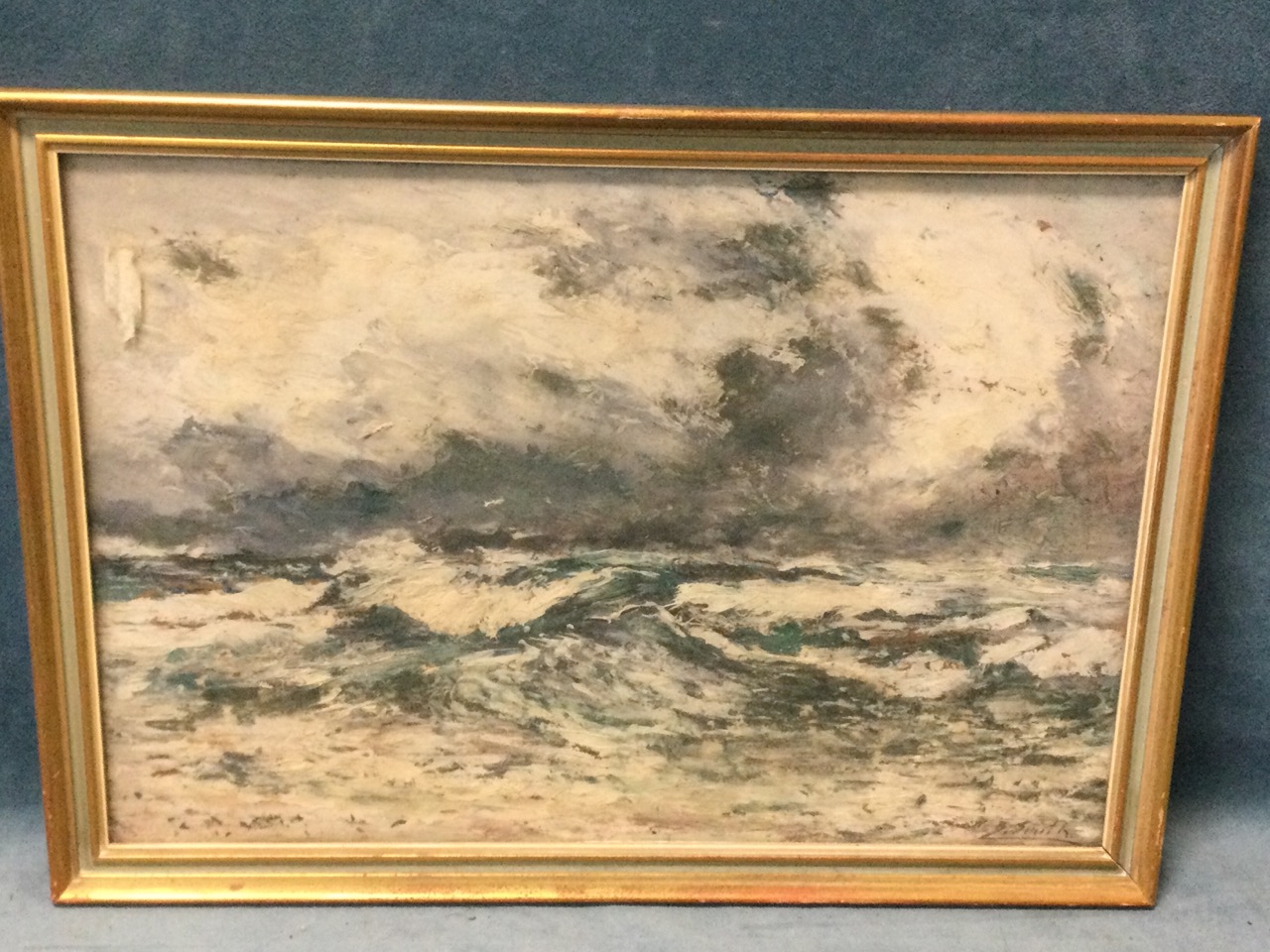B Smith, oil on board, coastal stormy seas, signed, labelled to verso Breakers on the Barra Beach, - Image 2 of 3