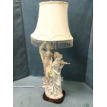 A large porcelain tablelamp with two lustre glazed ladies on plinth, beneath an oval fabric shade