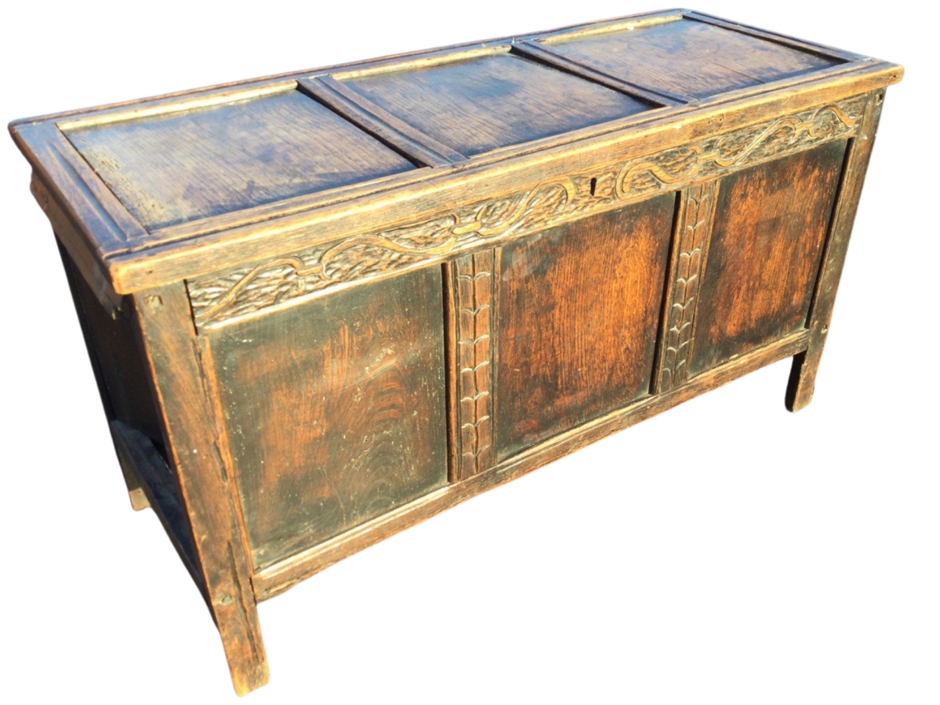 A nineteenth century dowel jointed carved oak coffer with three panels to hinged lid and front