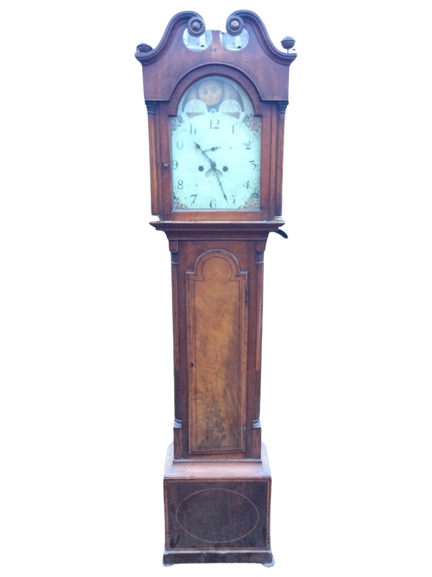 A nineteenth century mahogany longcase clock, the painted moonphase arched dial with floral