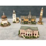 Five resin moulded architectural handpainted Portmeirion buildings, after designs by Clough