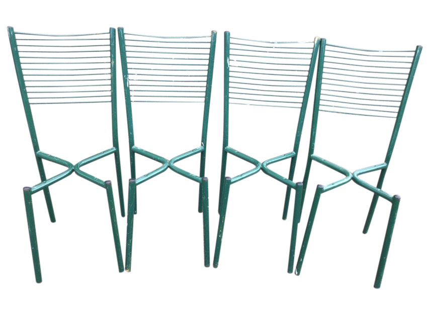 A set of four tubular metal chairs with tapering ribbed ladder backs - lacking seats. (4)