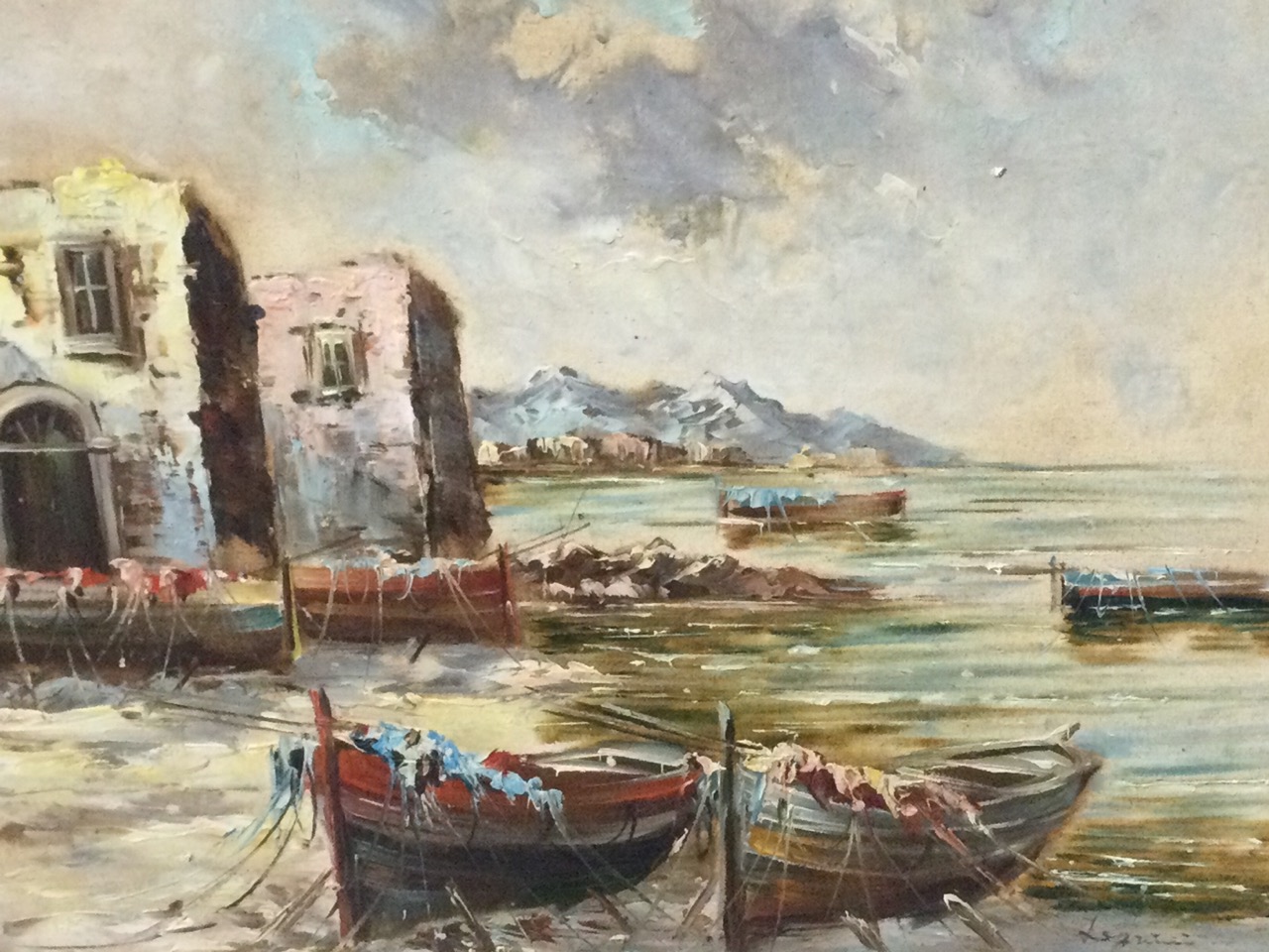 Leprinie?, oil on canvas, coastal view with boats tied up and buildings, signed indistinctly,