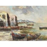 Leprinie?, oil on canvas, coastal view with boats tied up and buildings, signed indistinctly,