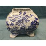 A rectangular crackled glazed bulbous stoneware vase decorated with blue & white willow pattern