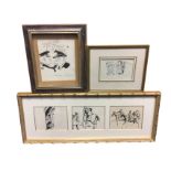 Edgar Norfield, pencil pen & ink, a set of three cartoon style drawings, mounted & gilt framed;