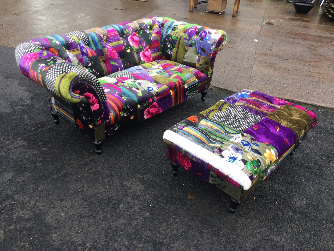 A wacky colourfully upholstered sofa and pouffe, with button upholstery to patchwork velour, - Image 2 of 3