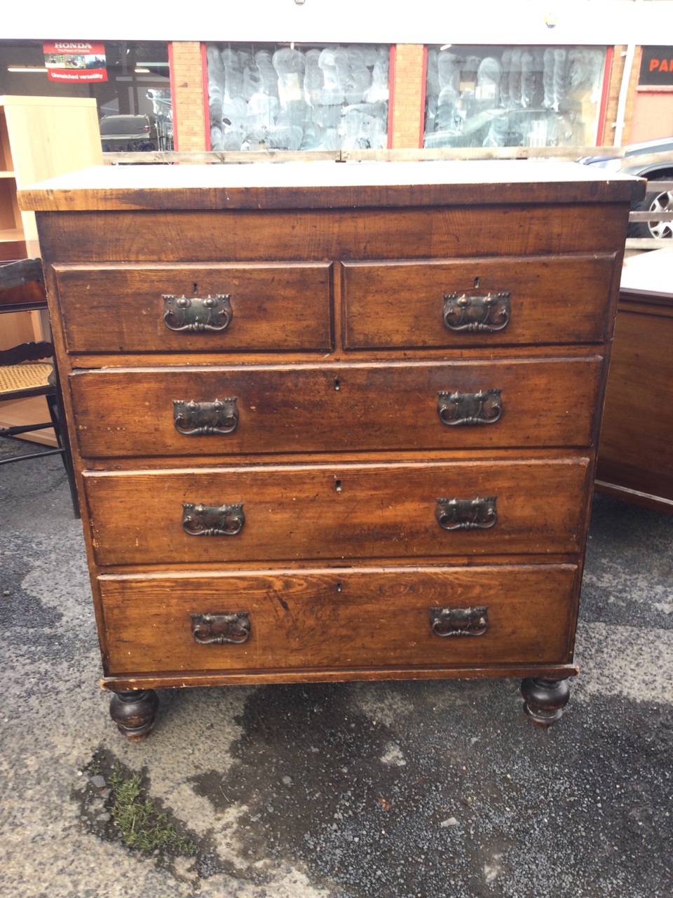 A Victorian stained oak chest of drawers, the rectangular top above two short and three long drawers - Image 2 of 3