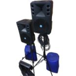 An Italian RCF PA system with pair of Art 300 speakers on folding telescopic stands, with neutrik