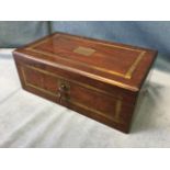 A nineteenth mahogany brass bound writing box, the slope with gilt tooled leather skiver, pen tray