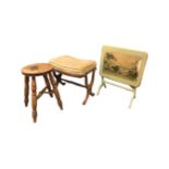 A circular Victorian hardwood stool on turned legs & stretchers; a dressing table stool with