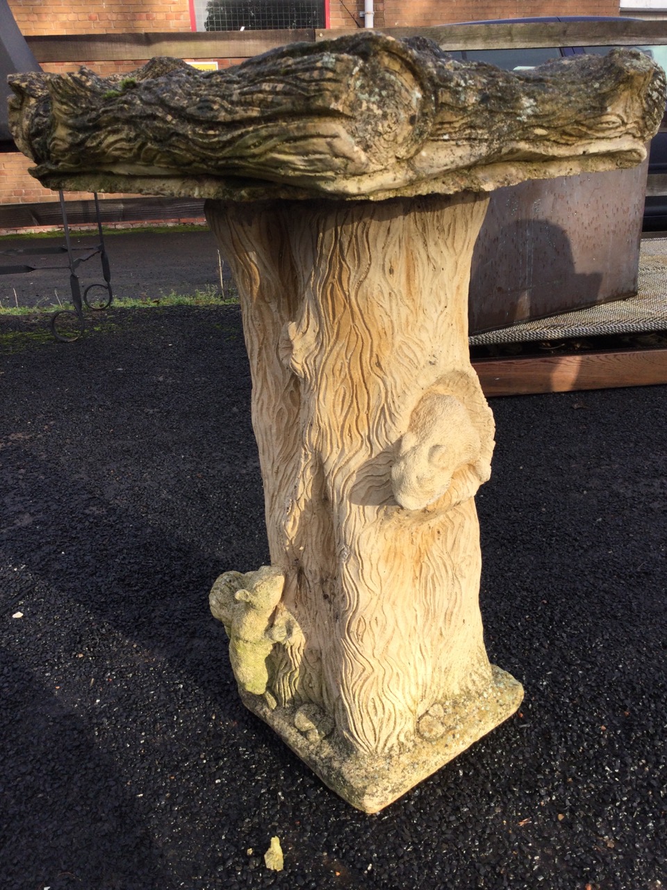 A composition stone garden birdbath moulded as logs, with square bowl on column cast with squirrels. - Image 3 of 3