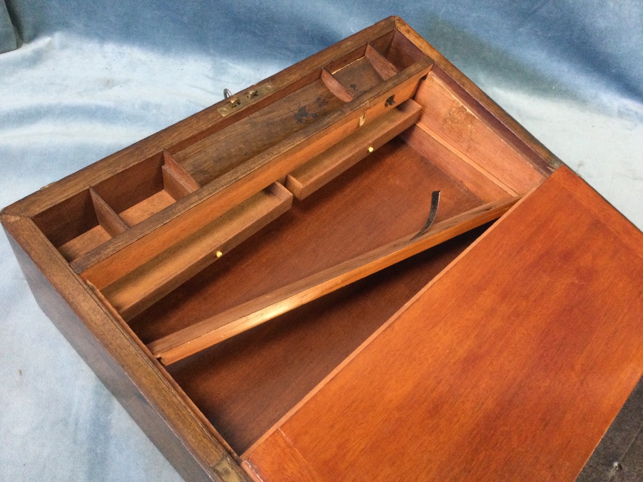 A nineteenth mahogany brass bound writing box, the slope with gilt tooled leather skiver, pen tray - Image 3 of 3