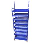 A display stand or storage rack with eight rectangular sliding tray shelves on square metal