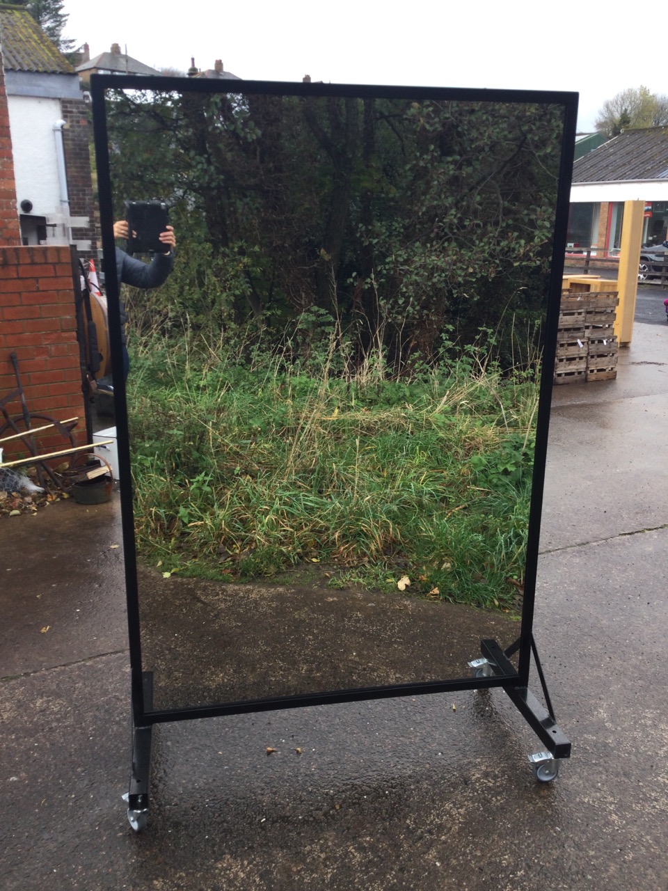 A dancers exercise mirror, the large plate in metal frame, raised on a stand with locking - Image 2 of 3