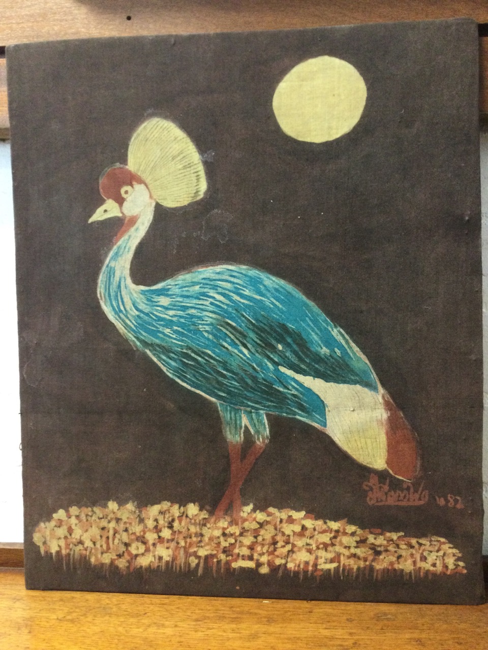 Jhanowo?, batik oil on cotton laid down on board, African crane under moonlight, signed indistinctly