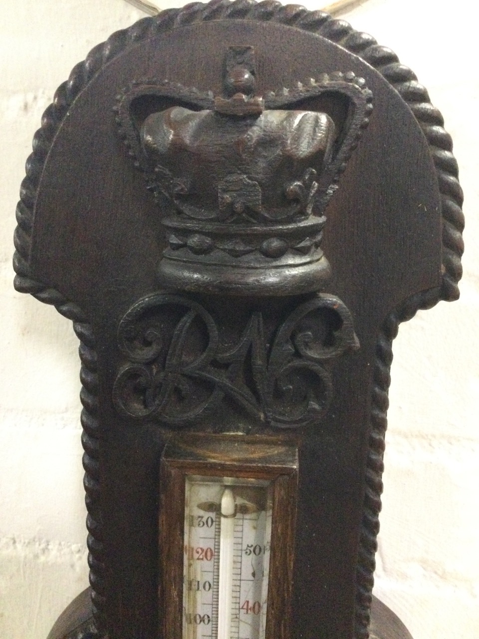 A large Victorian maritime barometer, the carved oak case with ropetwist rim having crown above an - Image 2 of 3