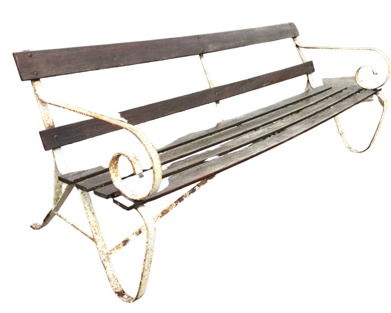 An Edwardian 6ft wrought iron garden bench with slatted back and seat, the ends with scrolled arms - Image 3 of 3