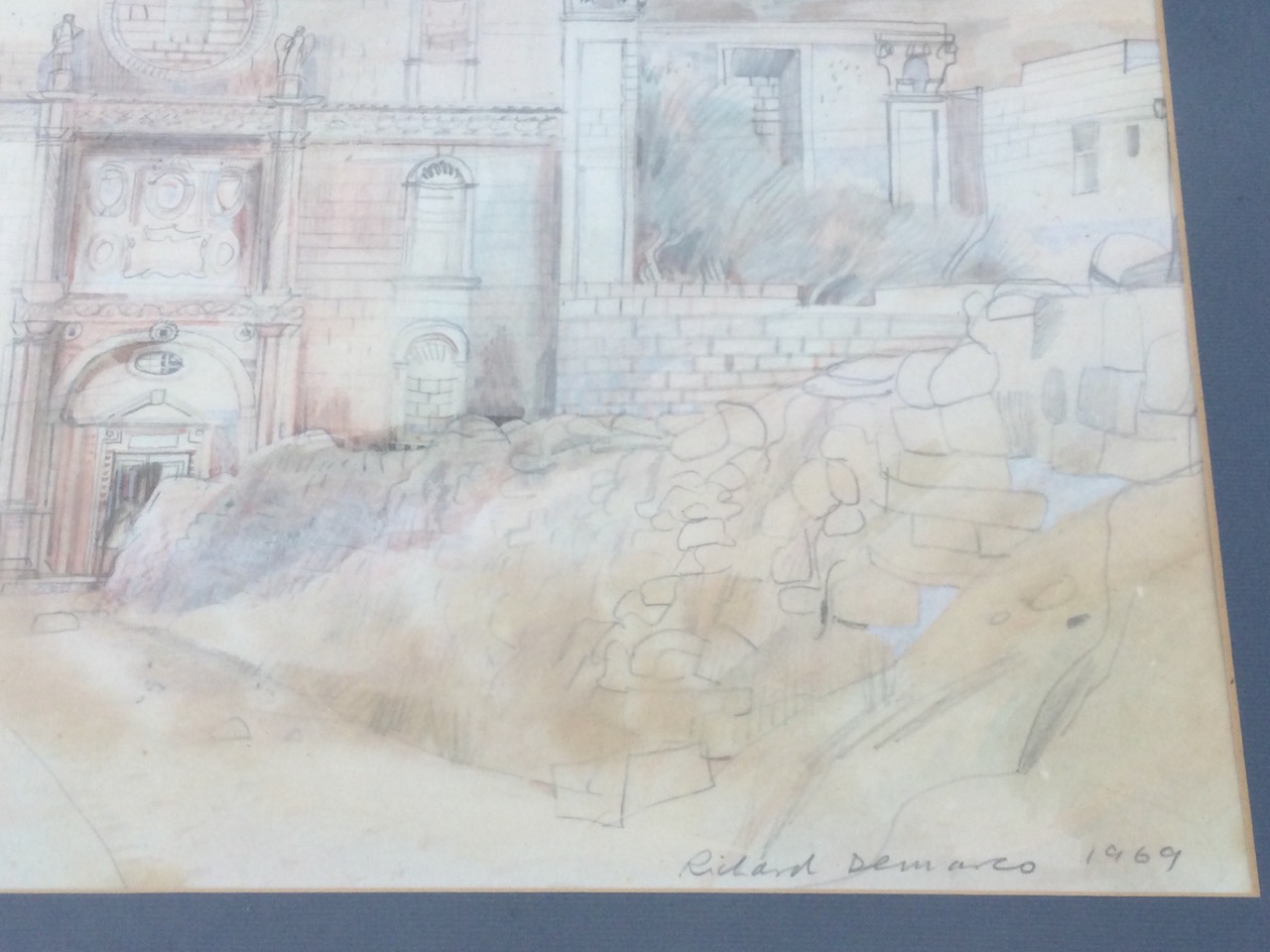Richard Demarco, pencil & watercolours, architectural building scene with figures, titled Church - Image 2 of 3