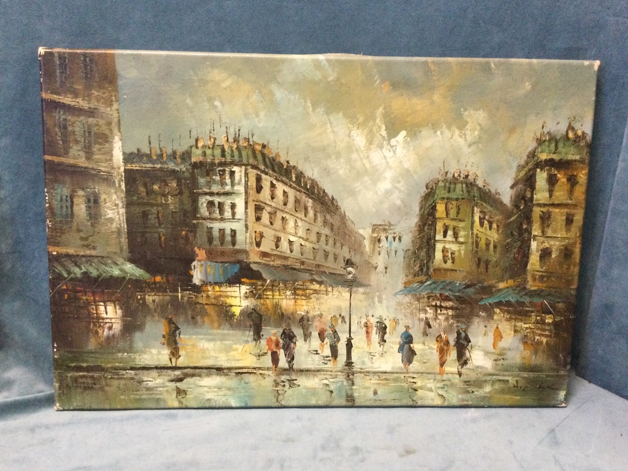 J Sick?, oil on canvas, busy French street scene with figures centred by streetlamp, signed