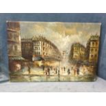 J Sick?, oil on canvas, busy French street scene with figures centred by streetlamp, signed