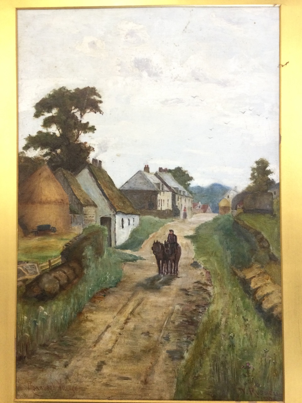 V Russell, oil on board, nineteenth century village street scene with horses and figure, titled