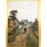 V Russell, oil on board, nineteenth century village street scene with horses and figure, titled