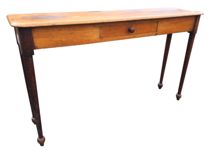 An unusual narrow oak nineteenth century hall table, the rectangular rounded top above a central