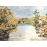 Contemporary oil on canvas, river landscape, signed indistinctly, in pierced gilt scrolled frame. (