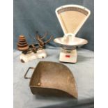 A set Avery cast iron enamelled shop scales with fan shaped dial under glass, with scoop weighing