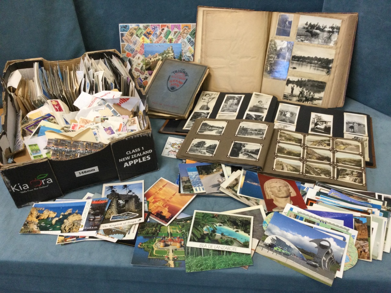 A stamp, photograph and card collection including first day covers, greetings cards, photograph